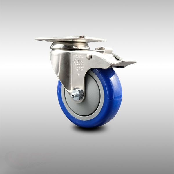 4 Inch 316SS Blue Polyurethane Swivel Top Plate Caster with Total Lock Brake